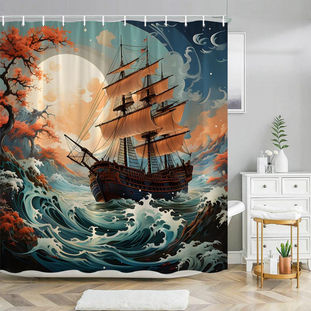 Chinese Landscape Shower Curtain Ink Painting Bamboo Landscape Cherry Blossom Writing Landscape Shower Curtains Bathroom Decor