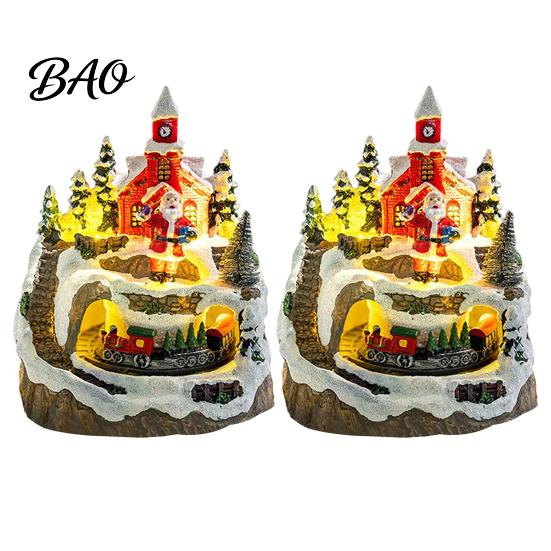 Indoor Festive Party Supplies 2Pcs Christmas Train Music Box with Rotating Light, Snow Village Carousel Holiday Decorative Ornaments Ornament,
