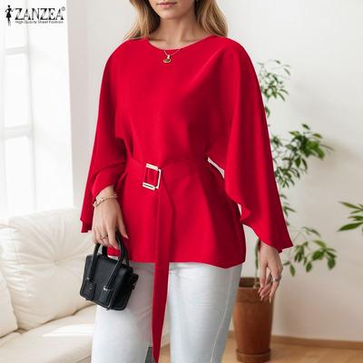 Women Casual Round Neck Solid Color Loose Long Sleeve Blouse