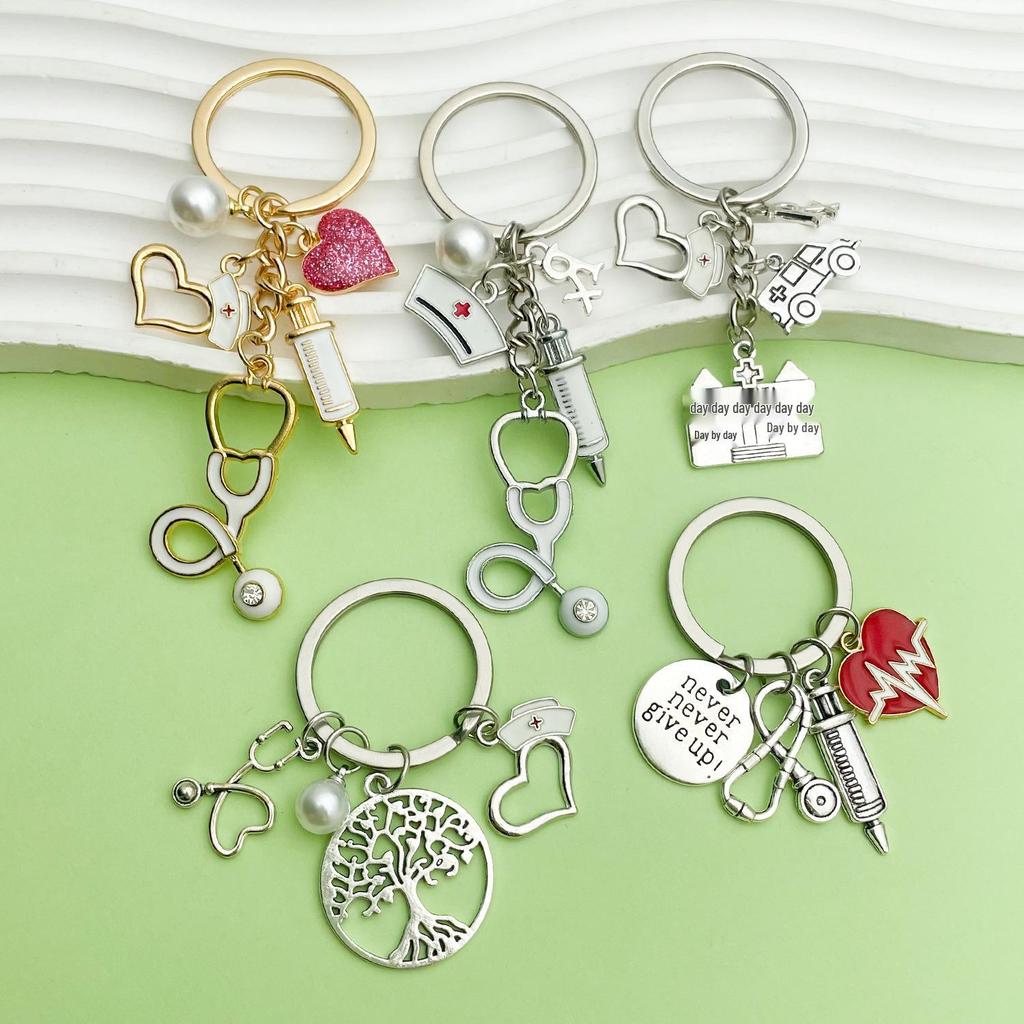 Heart-shaped Syringe Stethoscope Keychain with Nurse Cap Pendant Ornament