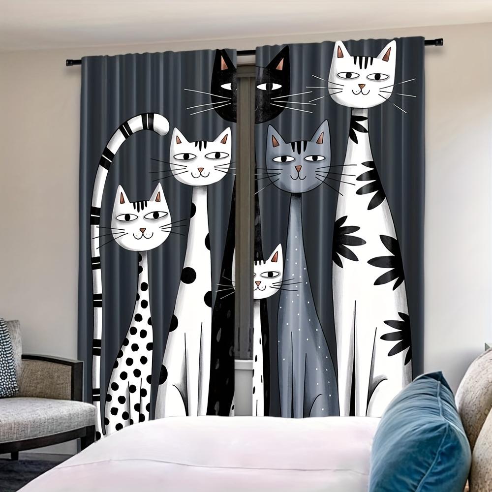 2Pc Cat Print Curtains - Lightweight  Rod Pocket Drapes With Plaid Background, Playful Black Cat Design For Modern Home Decor