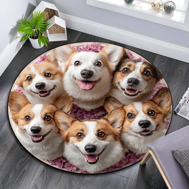 Corgi Dogs Round Area Rug,Carpet Rug for Living Room Bedroom Sofa Playroom Decor,Non-slip Floor Mat