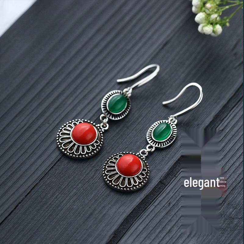 

Chinese Classical Cheongsam Hanfu Earrings with Imitation Southern Red Agate & Thai Silver Electroplating Electroplated Thai Silver Craft