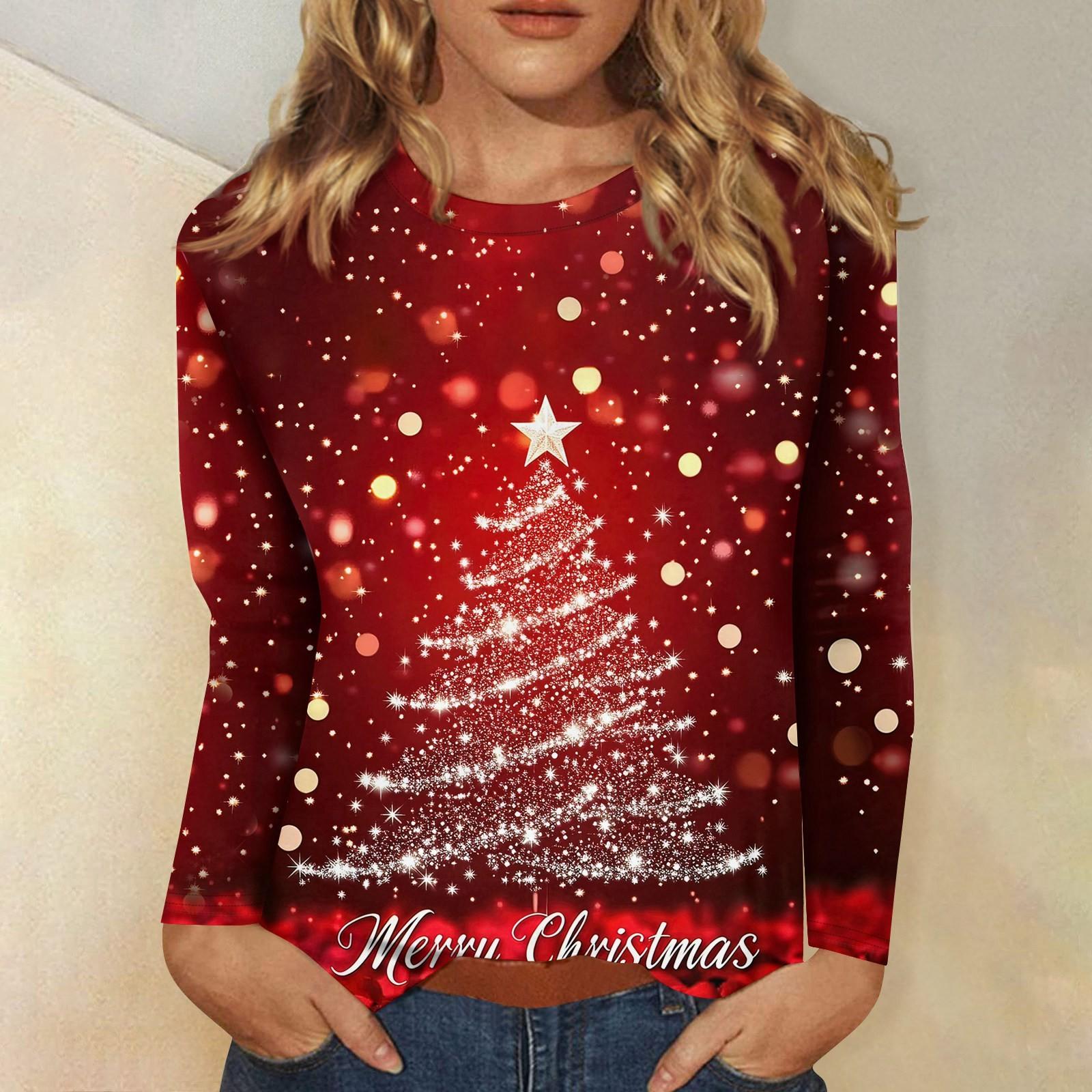 

Жіночий модний повсякденний різдвяний пуловер з круглим вирізом і довгими рукавами XXXL червоний