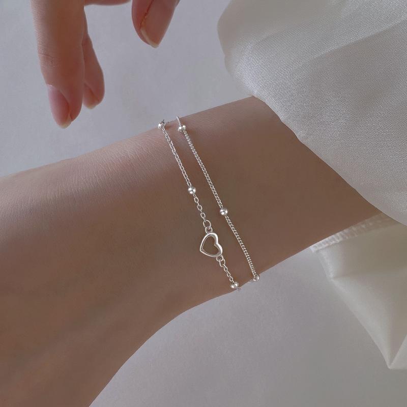 S925 Sterling Silver Double-layer Heart-shaped Bracelet for Women's Ins Summer, Fresh, Simple, Cute and Sweet Heart-shaped Best