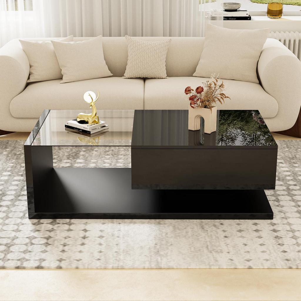Wohnzimmertisch, LED Couchtisch mit Schubladen, Hochglanz Kaffeetisch mit Stauraum, Modern Coffee Table