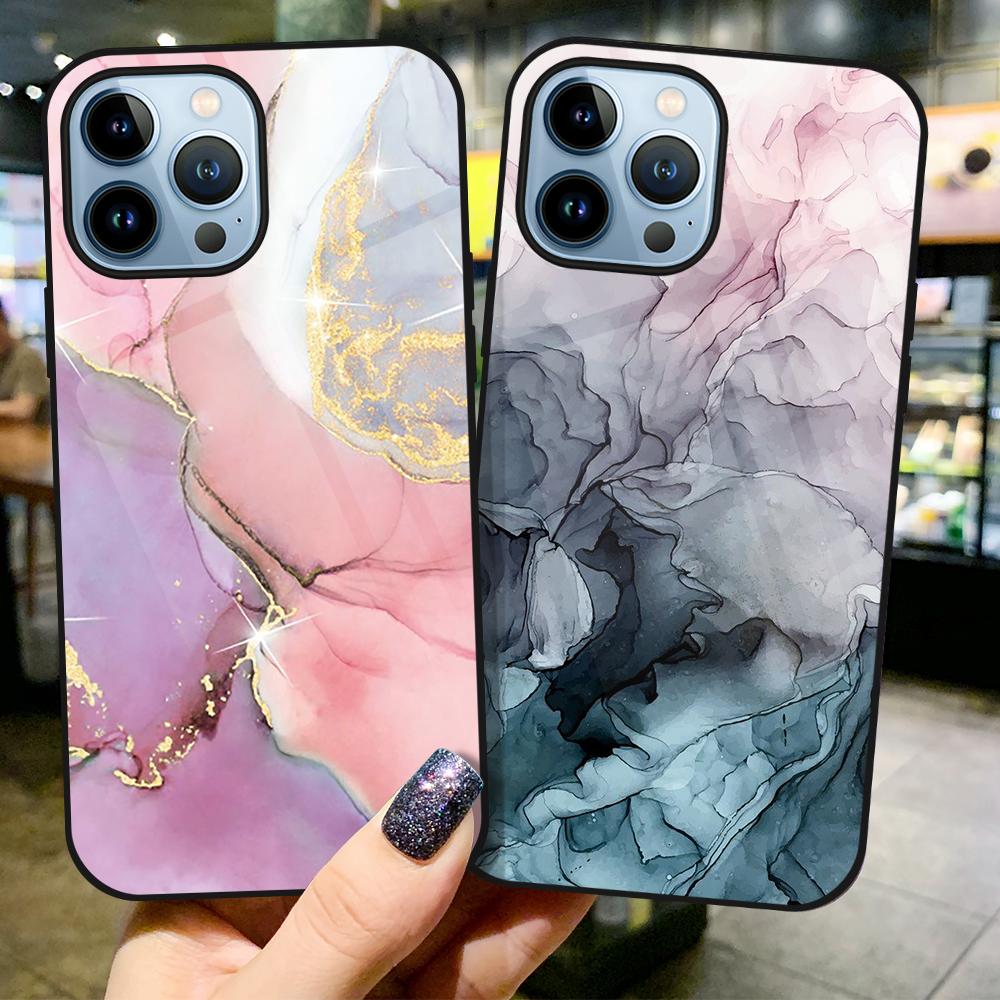 Farbe Marmor Kunst Mode Fall Für Iphone 14 13 11 12 Pro Max Mini Xs Xr X 7 8 6 s Plus Se 2022 Gehärtetes Glas Zurück Abdeckung Capas