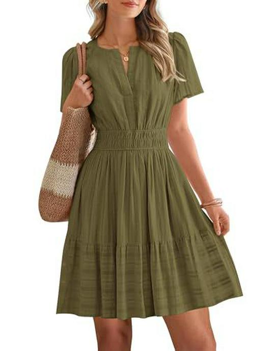 European & American V-neck Pleated Puff Sleeve Layered Dress for Women