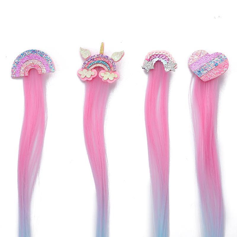2022 Rainbow Bowknot Hair Accessories Pigtail Wig Sequin Unicorn Glitter Hair Clips for Girls