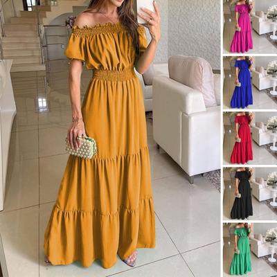 Nafúknuté krátke rukávy Elastické prešívanie plážových šiat Šitie veľkých lemov A-Line Letné bez ramena Jednofarebné Maxi Boho šaty Streetwear