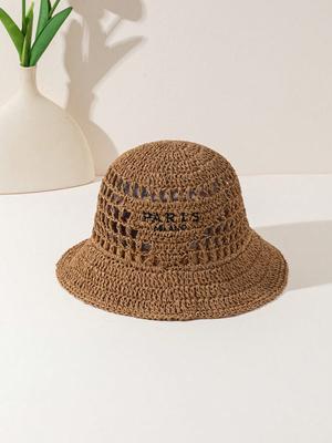 Sombrero de Paja Tejido a Crochet Hecho a Mano con Bordado de Letras Triángulo Invertido de Moda Bohemia para Resort de Playa para Mujer