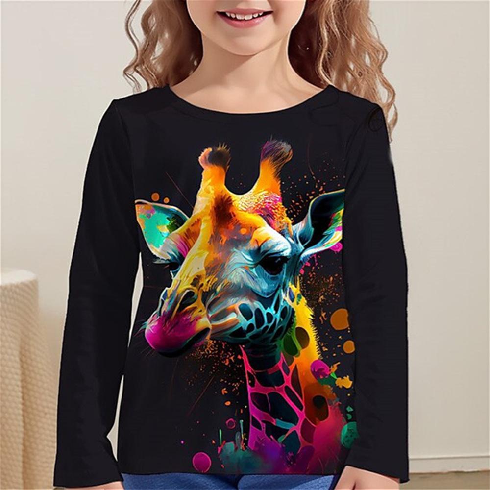 Spring and Autumn Round Neck Giraffe Pattern 3D Printed Top Fashionable Casual Long Sleeved Children's Girl T-shirts