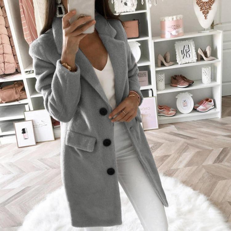 Elegant Slim Fit Långkappa för Kvinnor Plysch Enfärgad Blandning Ytterkläder med Knappar