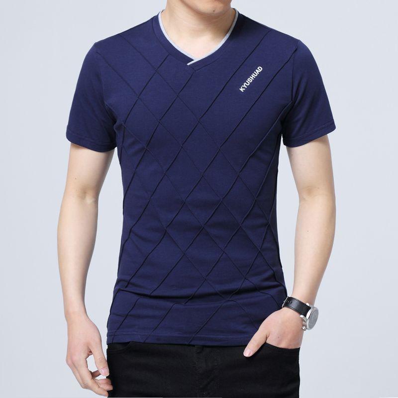 New Summer Slim Fit Korean Version V-neck Letter Print 3D Checkered Casual Oversized Elastic Short Sleeved T-shirt for Men