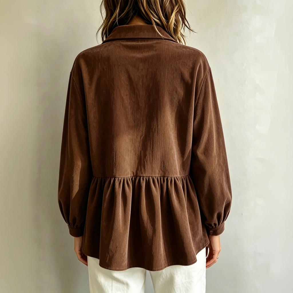 Women's Corduroy Blouse with Sleeves, Loose Fit and Waist Cinching for Casual Wear