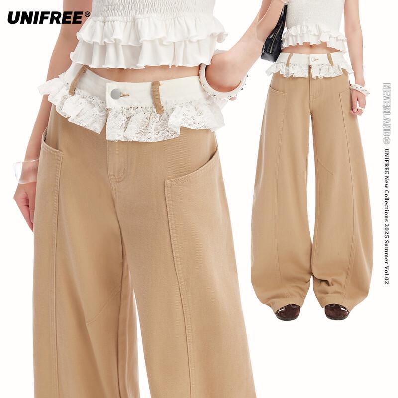 UNIFREE Women s Retro Lace Trim Wide-Leg Casual Pants S