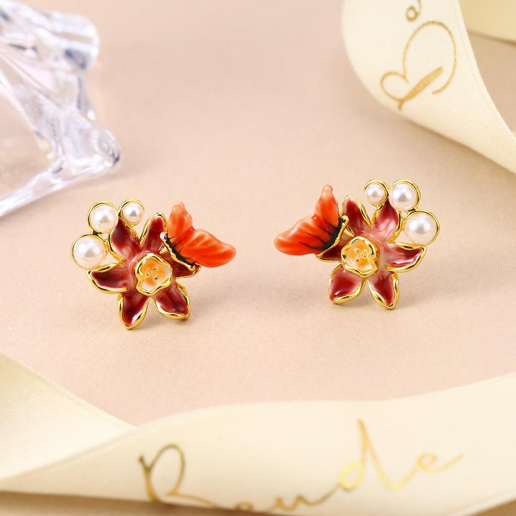 Mori Small Oil Drop Pearl Flower Earrings Small Fresh and Sweet Butterfly Love Earrings Super Fairy High-end Stud Earrings