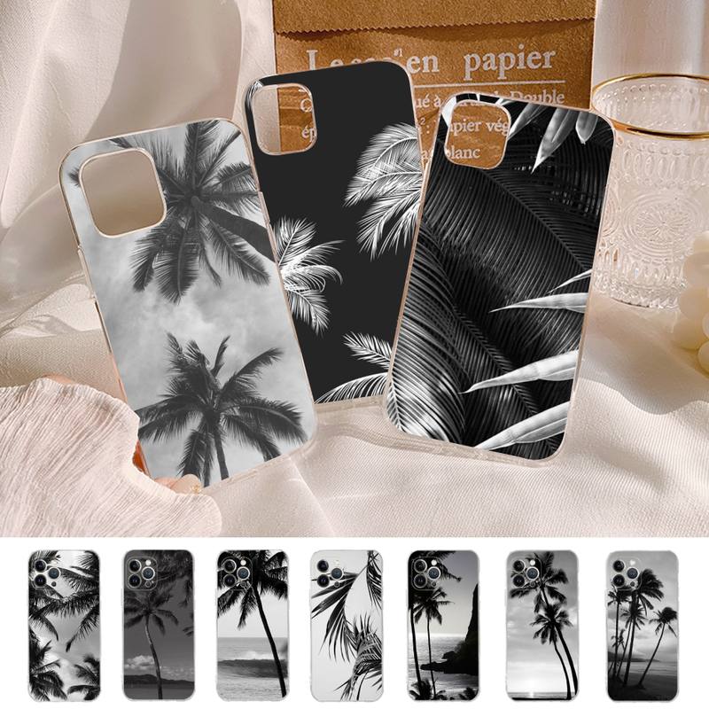 Black white palm leaves palm trees Phone Case For iPhone 14 13 12 11 Pro Max XS X XR SE 2020 6 7 8 Plus Mini Transparent Shell