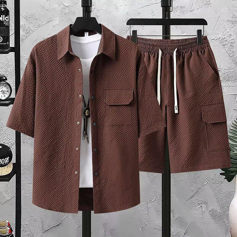 2026 Men's Casual Hong Kong Style Short Sleeve Shirt & Shorts Two-Piece Set