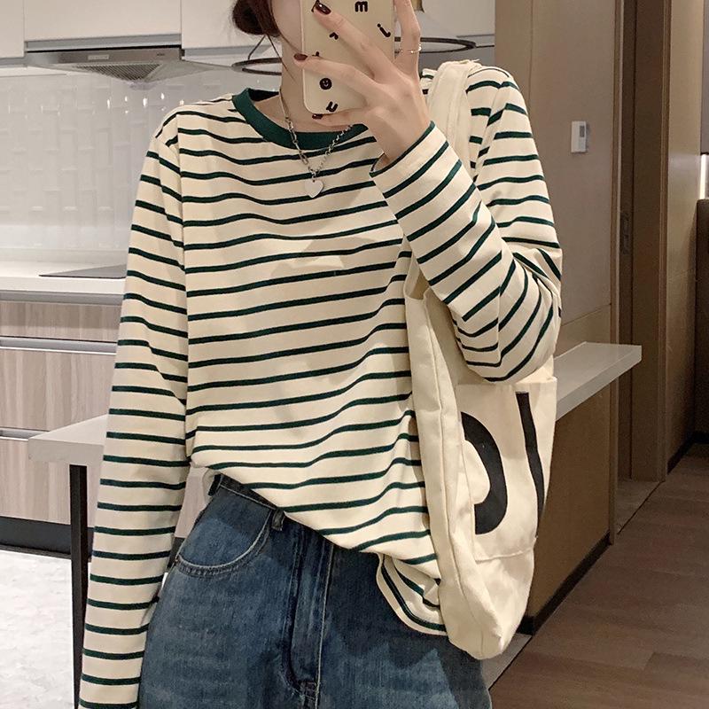 Women's Striped Cotton Long-Sleeve T-Shirt - Loose Fit, Versatile Casual Top for Spring and Autumn