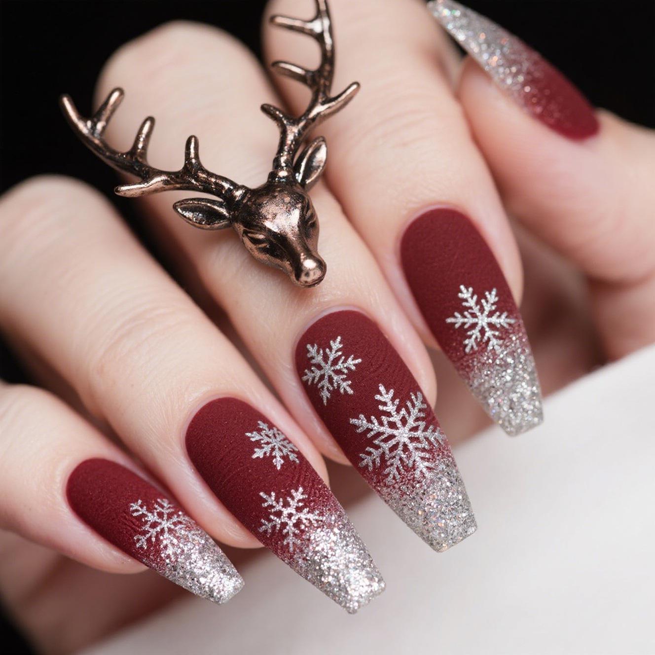 Wine Red & Silver Glitter Gradient Faux Nails - Frosted Snowflake Design