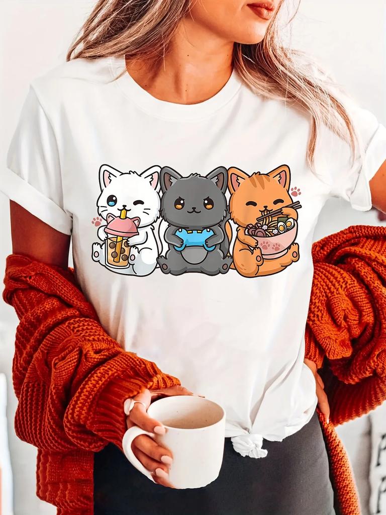 Cat Print Crew Neck Tshirt Short Sleeve Casual Top for Summer Spring Womens Clothing Shirt Tops Women Clothing Graphic Y2K