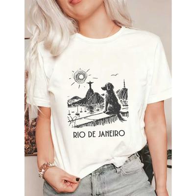 T-shirt Oversize Nera Scena Spiaggia Rio De Janeiro Con Cane E Cristo Redentore Stampa Casual Abbigliamento Estivo