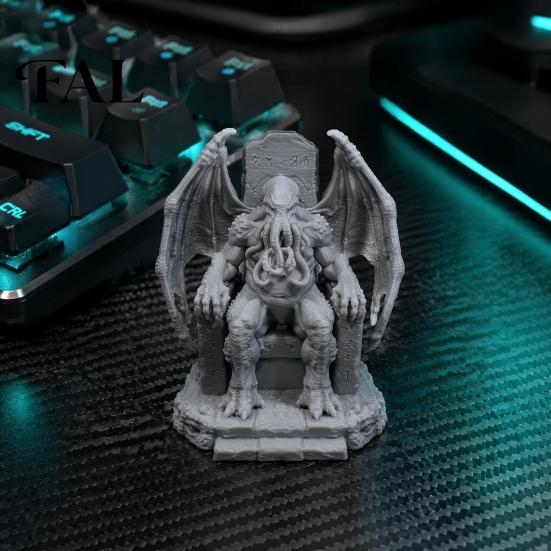 Lovecraftian Schreibtischdeko 3D-gedruckter Thron Cthulhu-Statue, Gotische Harzfigur für Regal & Dark Fantasy Raumdekor, Tentakelmonster-Figur,