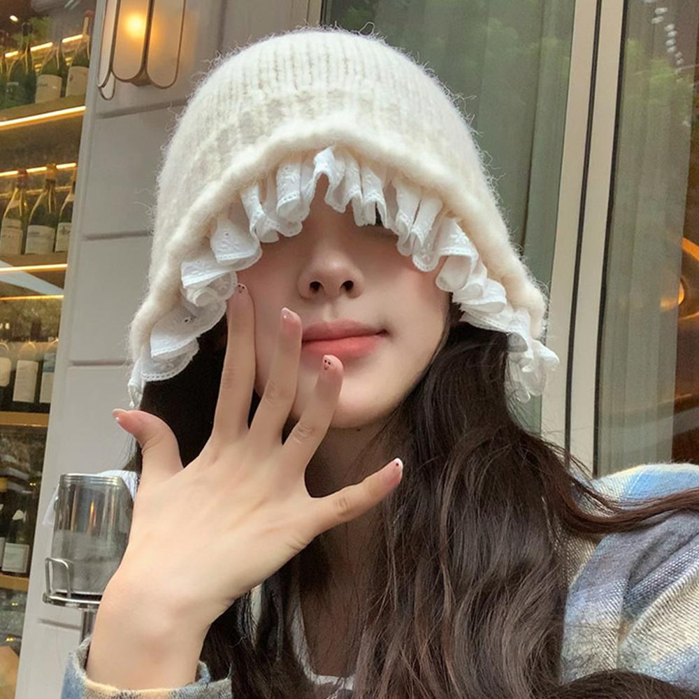 Lace Flower Ruffle Winter Bucket Hat Solid Color Basin Cap Sweet Ear Protection Hats  Outdoor Girl