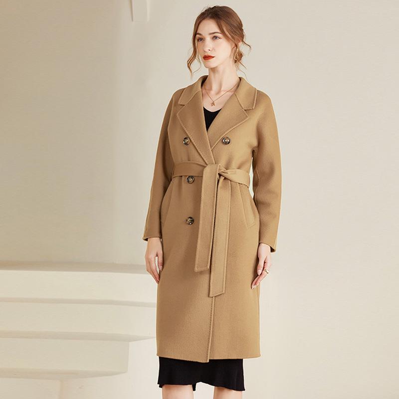 Women's Extra Long Double-Breasted Wool Coat with Tie Waist - Autumn/Winter Collection