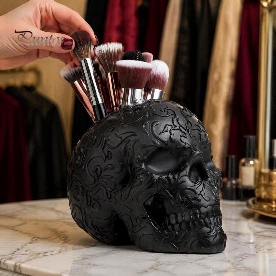 Halloween Room Decor Skull Makeup Brush Holder, Matte Black Gothic Skeleton Pen Organizer Spooky Home Decorations for Desk, Resin Storage Figurine