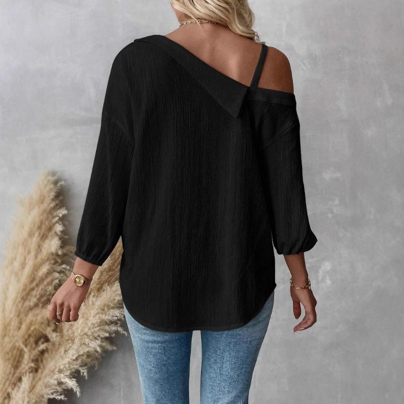 Summer Long Sleeve Off Shoulder Casual Loose Blouses Women Elegant Single Breasted Chic Strap Women's Shirts Tops Solid Simple Fashion Blouse 26500