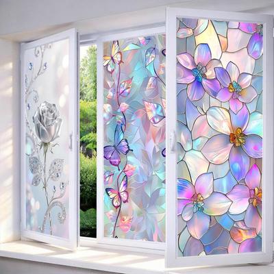 Flower Window Privacy Film Leaf Pattern Privacy Protection Film Static Cling Removable Decorative Window Film for Home Bathroom Kitchen