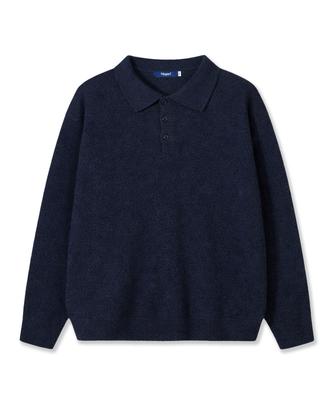 POLYGRAM Soft Wool Blend Collared Knit - Navy