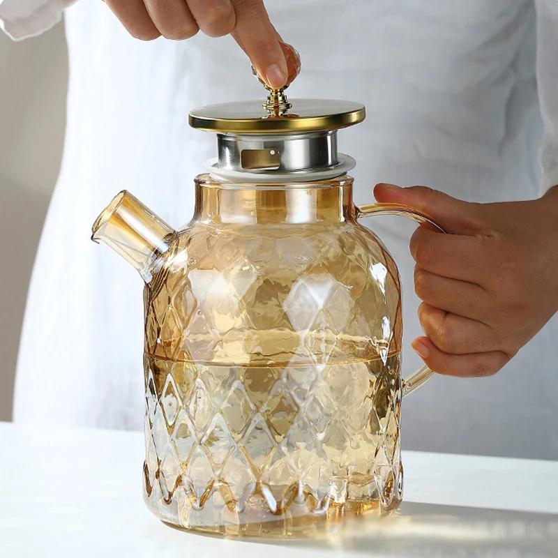 JUSTINLAU 1/1.8L Glass Tea Pot With Lid and Filter Champagne Tea Kettle Cold and Heat Resistant Tea Maker For Blooming Fruit Tea