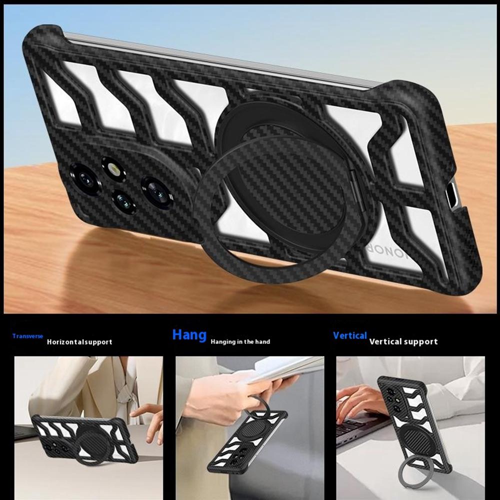 For Honor 200 Pro 5G Case with Kickstand Heat Dissipation Hard PC Phone Back Cover Carbon Fiber Texture