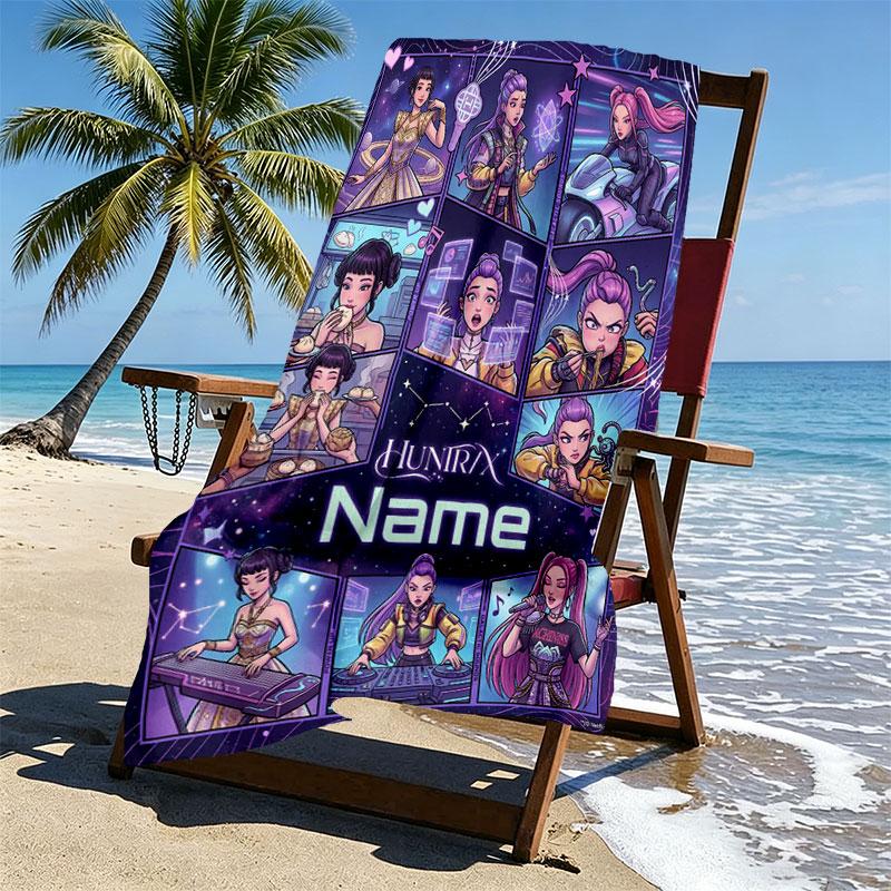 Custom Name Personalized Kpop Demon Hunter Print Beach Towel, for Trip Camping Beach Party Home Decor, Birthday Gift for Family & Friends