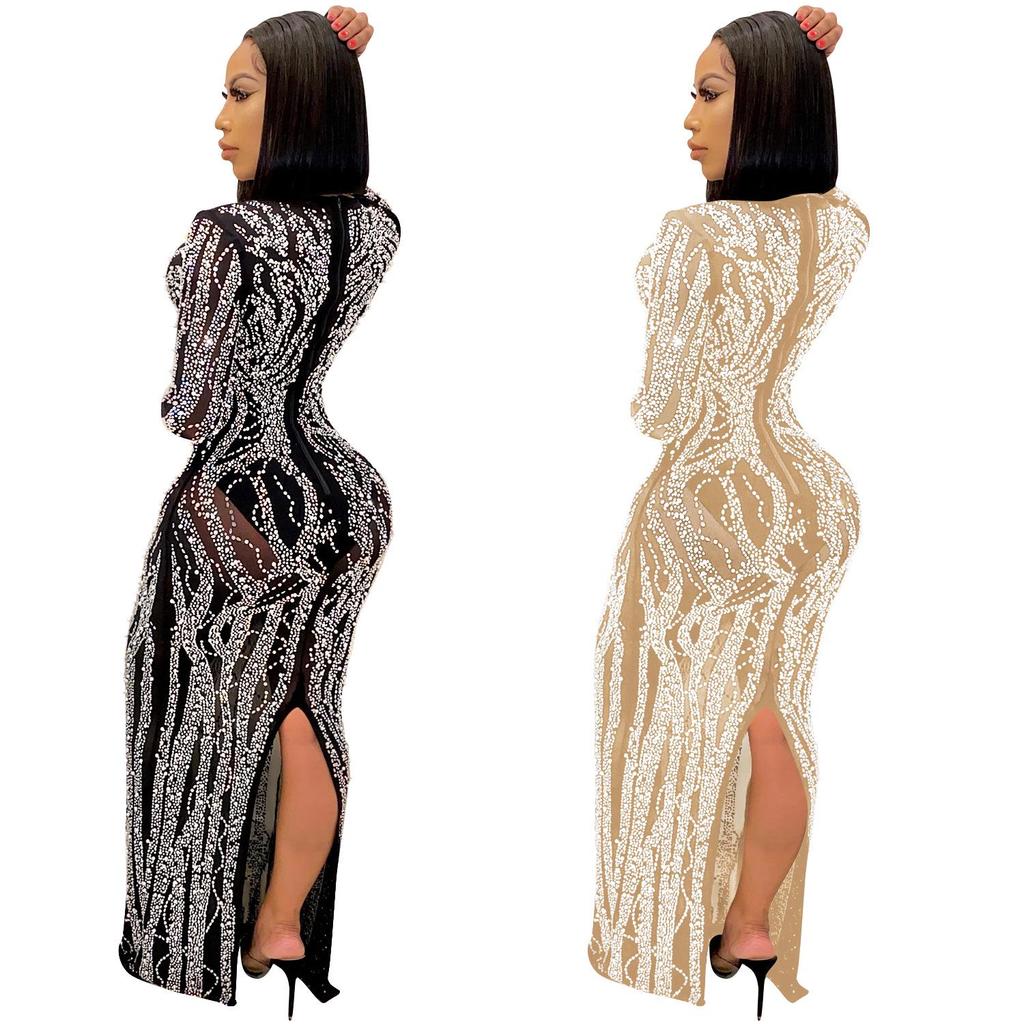X5002 Sexy Rhinestone Inlaid See-through Mesh Long Dress for Nightclubs