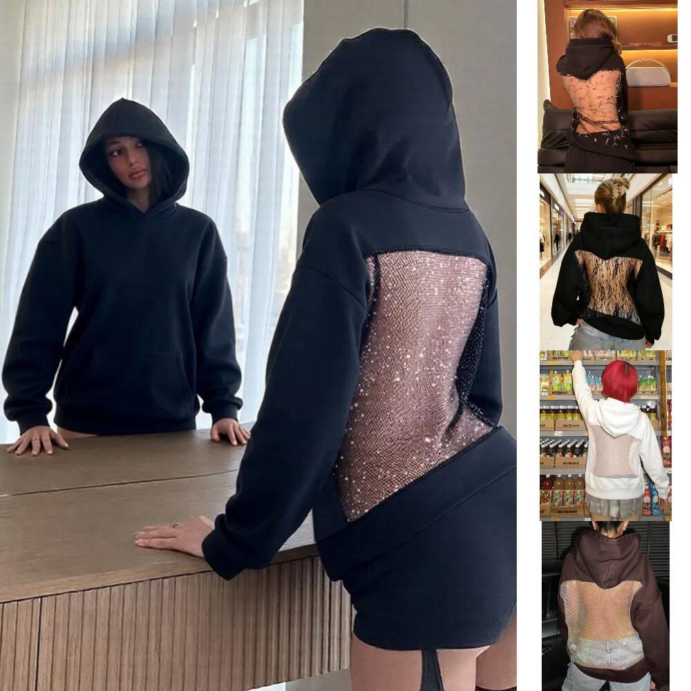 Dámská jednobarevná módní mikina s kapucí s dlouhým rukávem a odhalenými zády z duté síťoviny