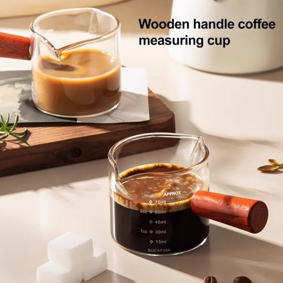 Glass Measuring Cup with Wood Handle Espresso Milk Coffee Mug 100ml Double Scale Clear