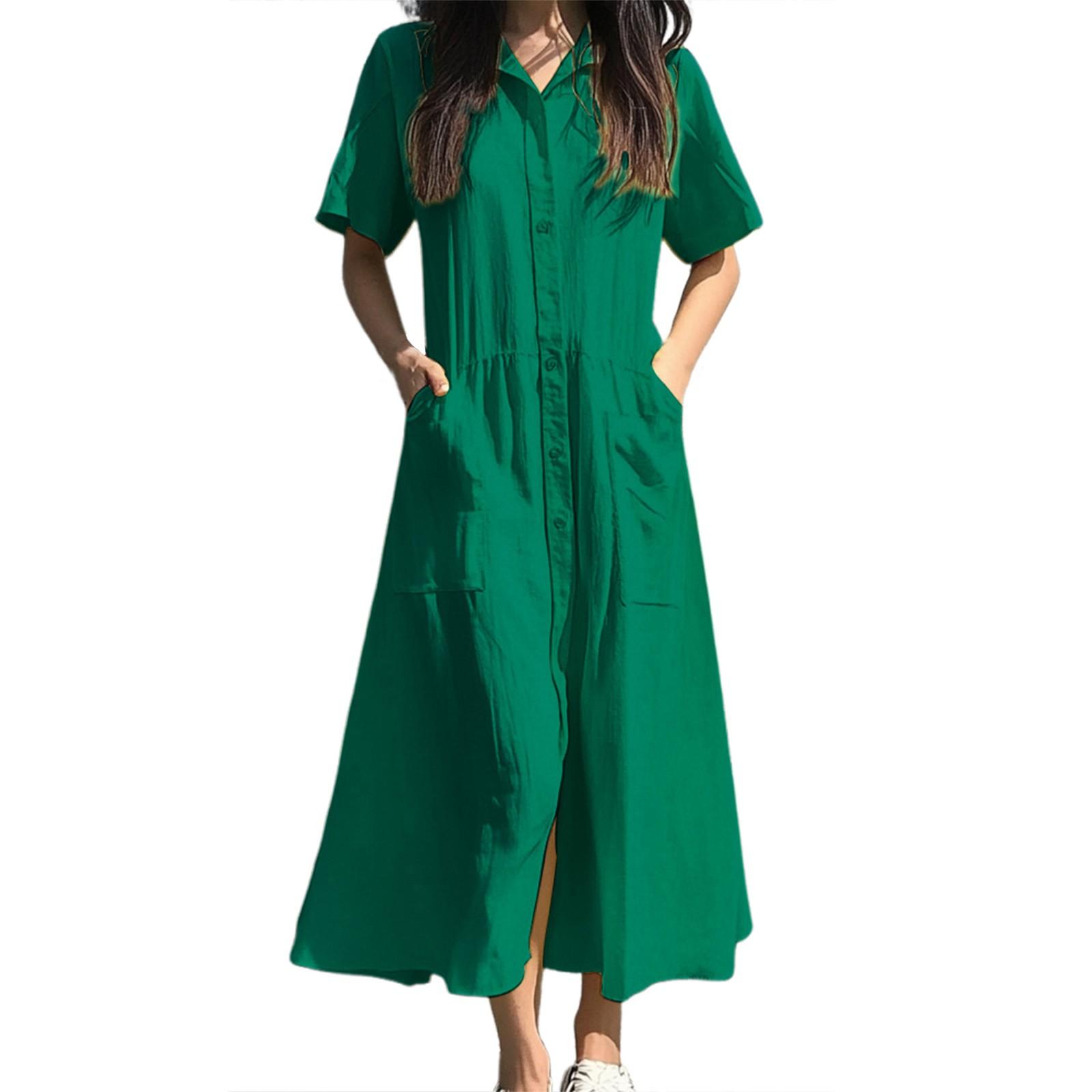 Женская мода повседневная с коротким рукавом карман длинный кардиган многоцветная женская рубашка платье L темно-зеленого