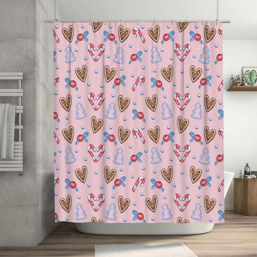 Bathroom Shower Curtain Set with Candy Cane Pattern for Christmas Decorations Pink Waterproof Fabric for Bathrooms