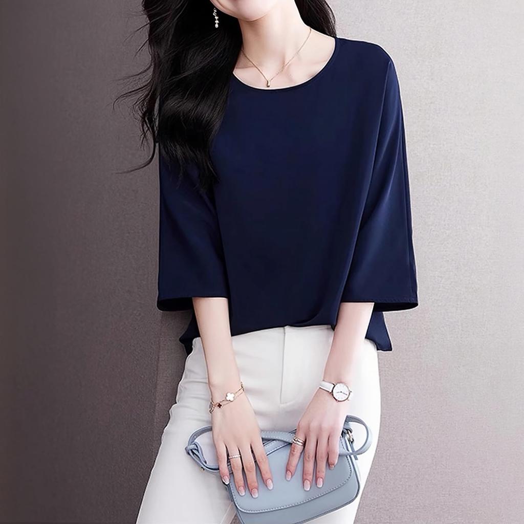 Blouse for Loose Summer Business [Lalapala] Women, 3/4 Sleeve, Summer, Chiffon, Top, Fit, Simple, Thin, Silky, Pullover, Suit, Innerwear, Silky,