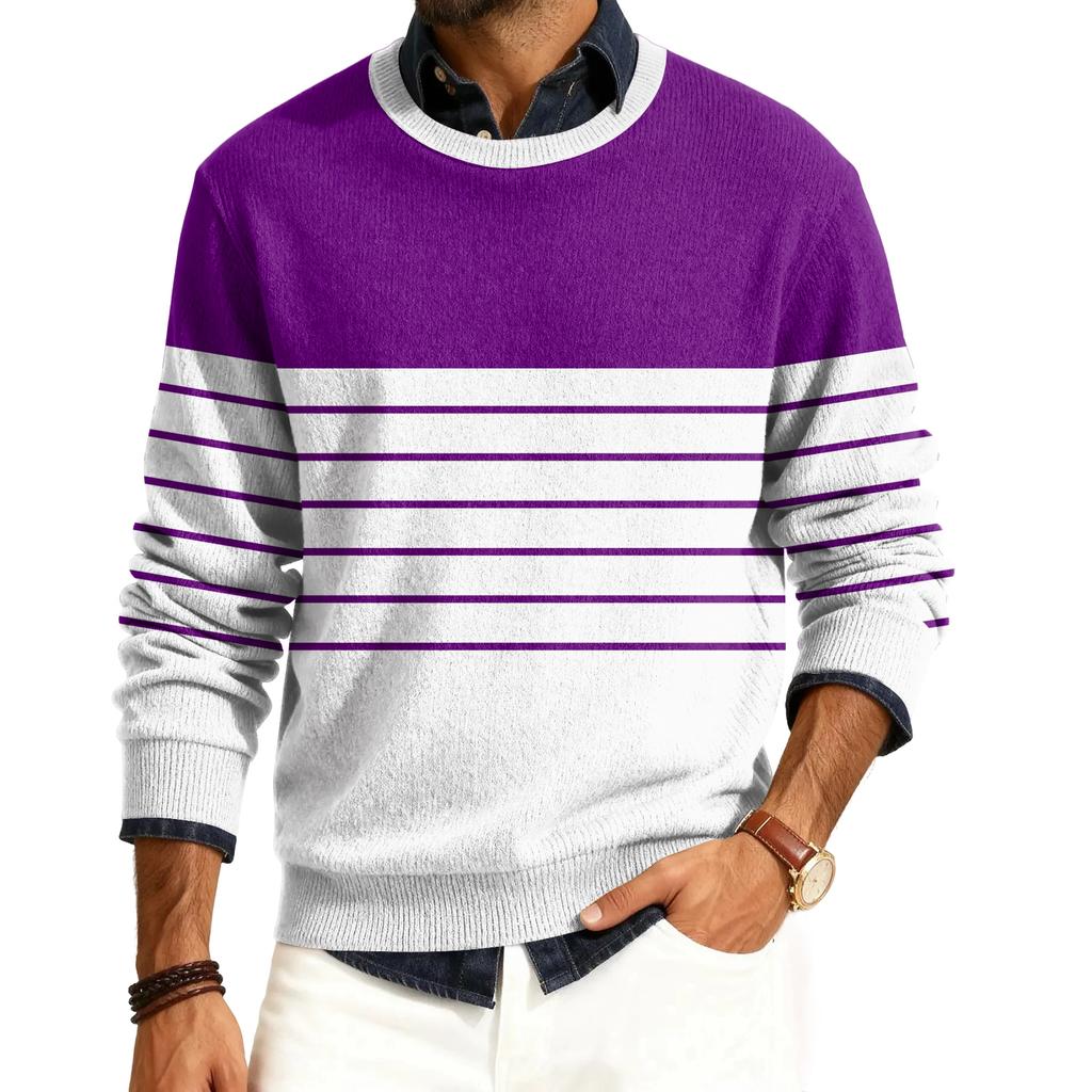 Męski sweter z okrągłym dekoltem, długim rękawem i prążkowanej dzianiny