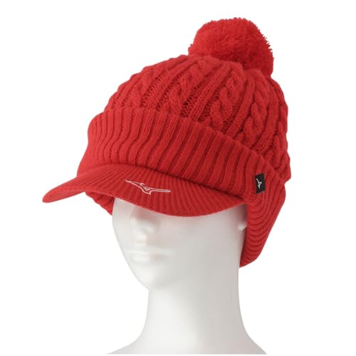 Breath Thermo Golf Knit Cap with Brim, Moisture-Wicking and Heat-Generating, E2MWA706, Hibiscus Red, Women's Size (Head Circumference: 55cm-59cm)
