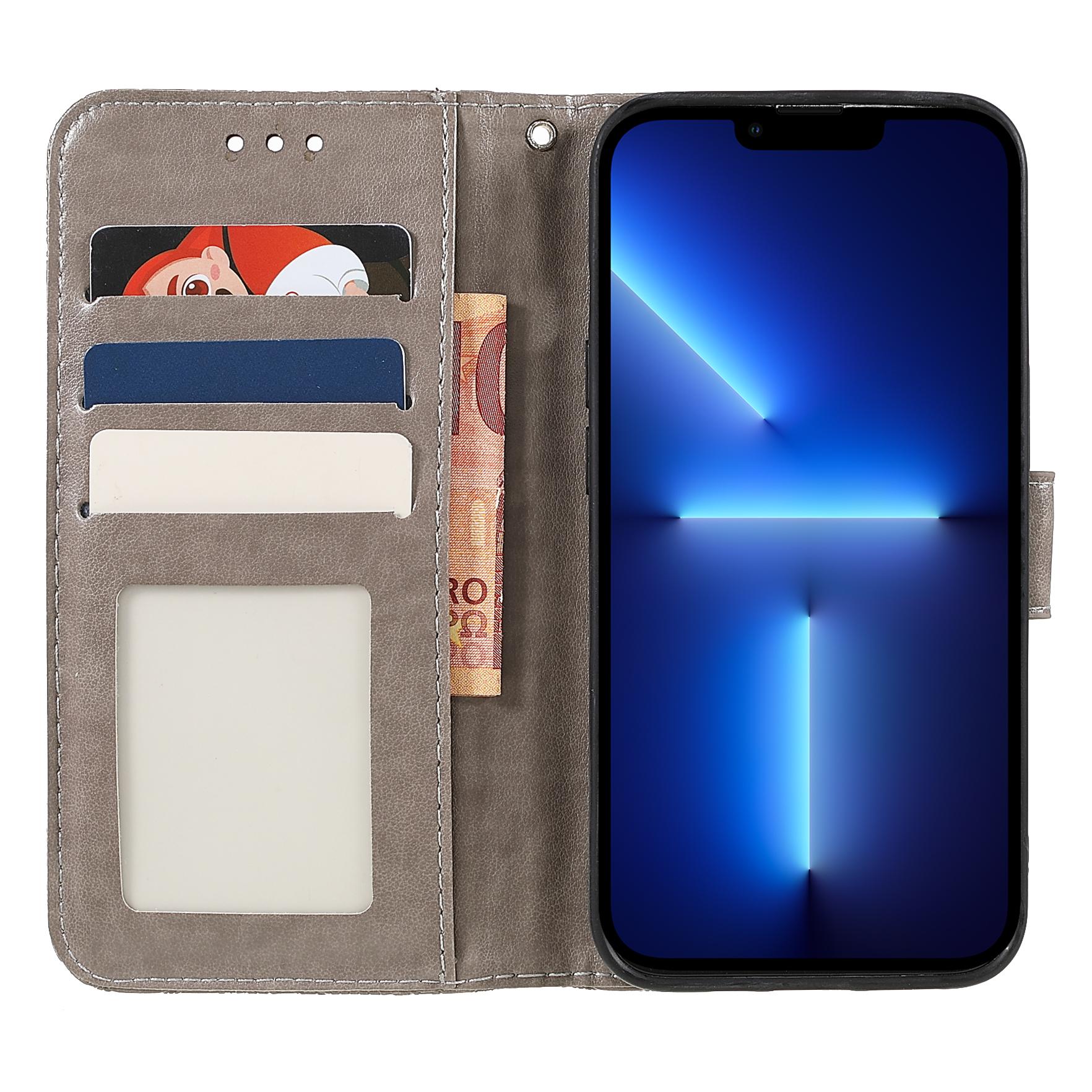 

For iPhone 14 Pro Case Lace Flowers PU Leather Flip Wallet Phone Cover Dark Blue