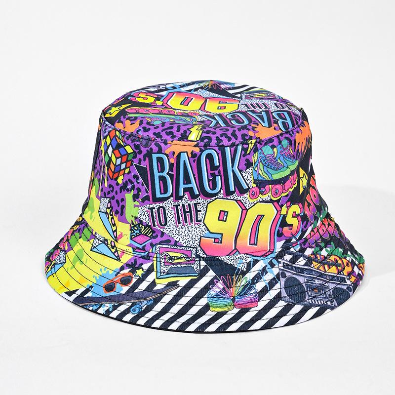 Klasyczny dwustronny kapelusz bucket modny graffiti wiosna i lato nowy retro daszek przeciwsłoneczny