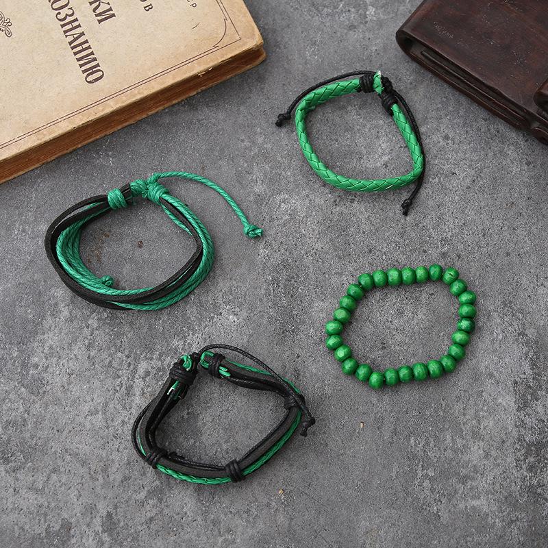 Yellow Green Braided Cowhide Leather Bracelet DIY Set (4 Pieces)