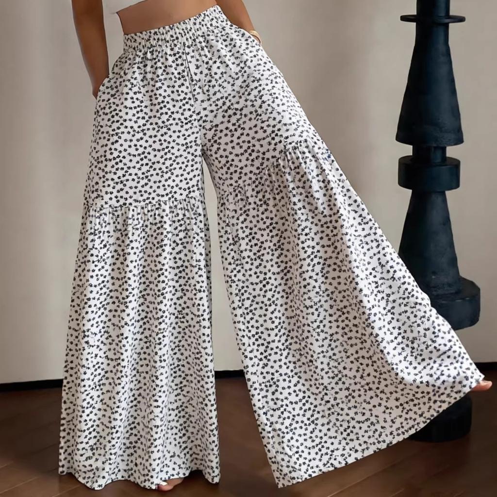 Women's High Waist Wide Leg Pants Loose Fit Lightweight Floral Print Casual Palazzo Trousers with Elastic Waistband and Side Pockets