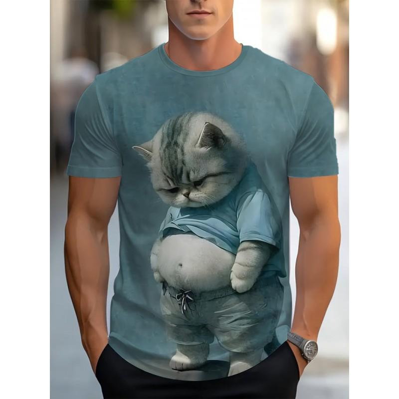 Mens 3D Printed Fun Blue Cat Graphic Tee - Casual Round Neck Short Sleeve T-Shirt Adults Teens